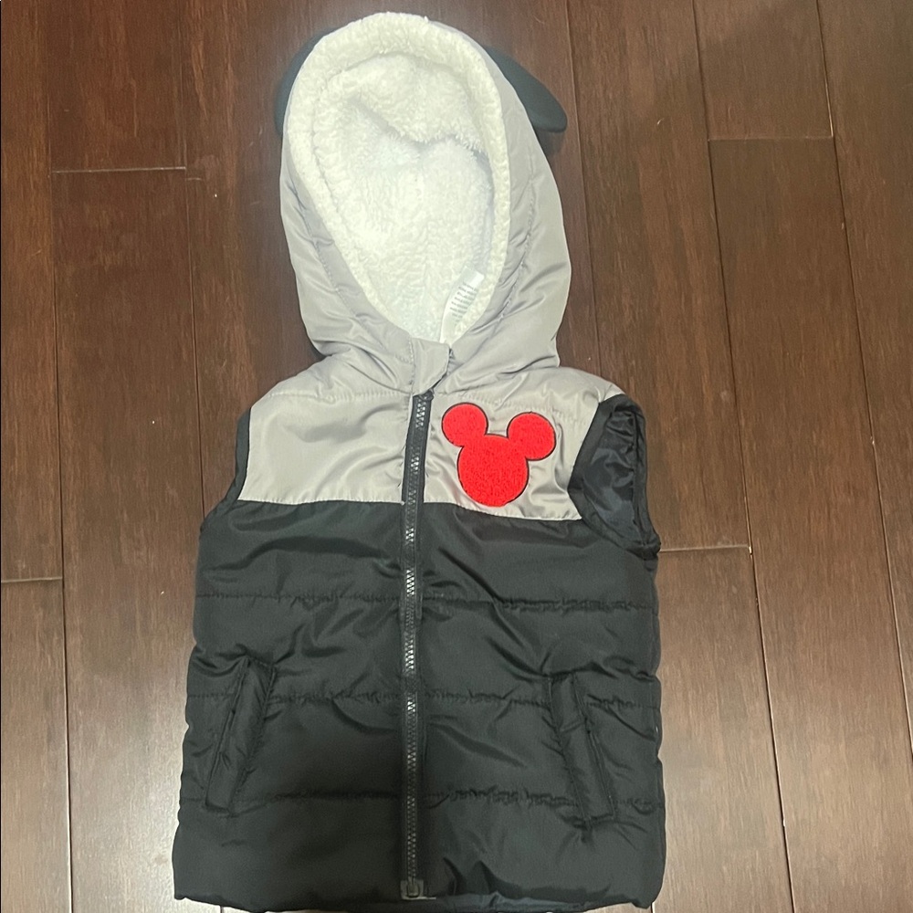 Disney Black and Gray Hooded Puffer Vest with Red Mickey Patch